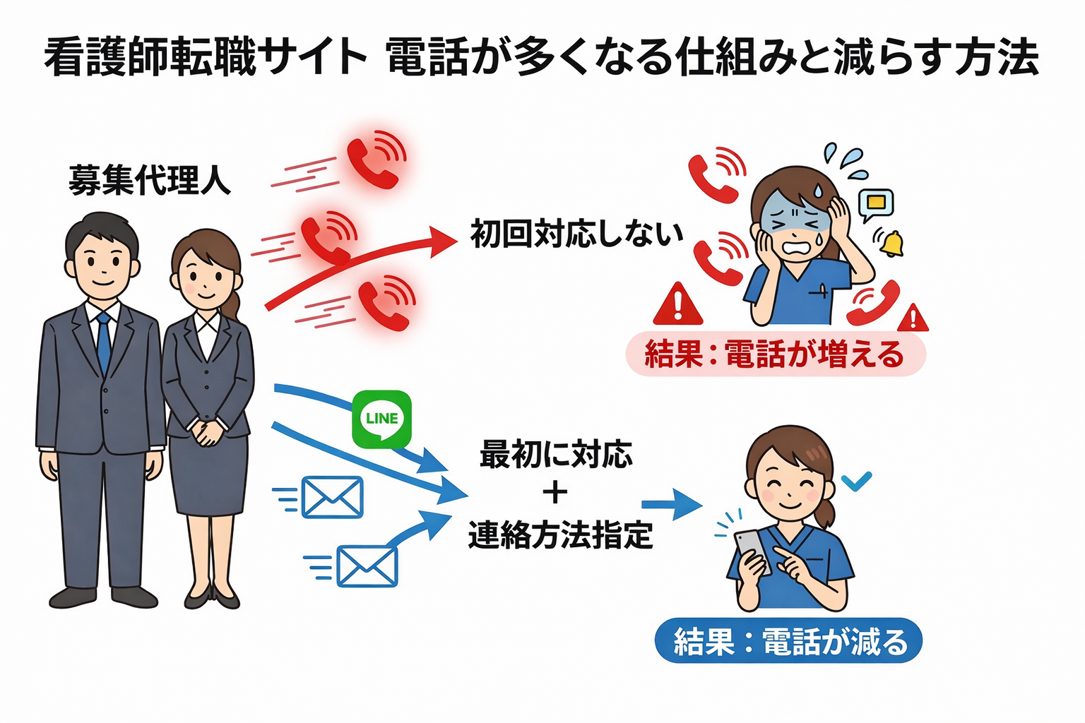看護師転職サイトの電話が増える理由と減らす方法の図解